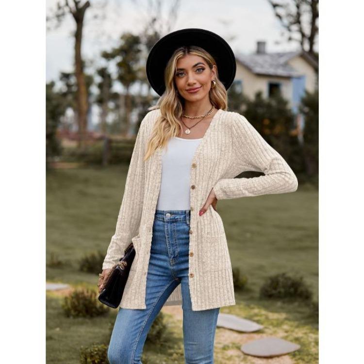 Damen Strickjacke Pullover Langarm Einfarbig Gestreift Gestrickt Herbst Winter Mode