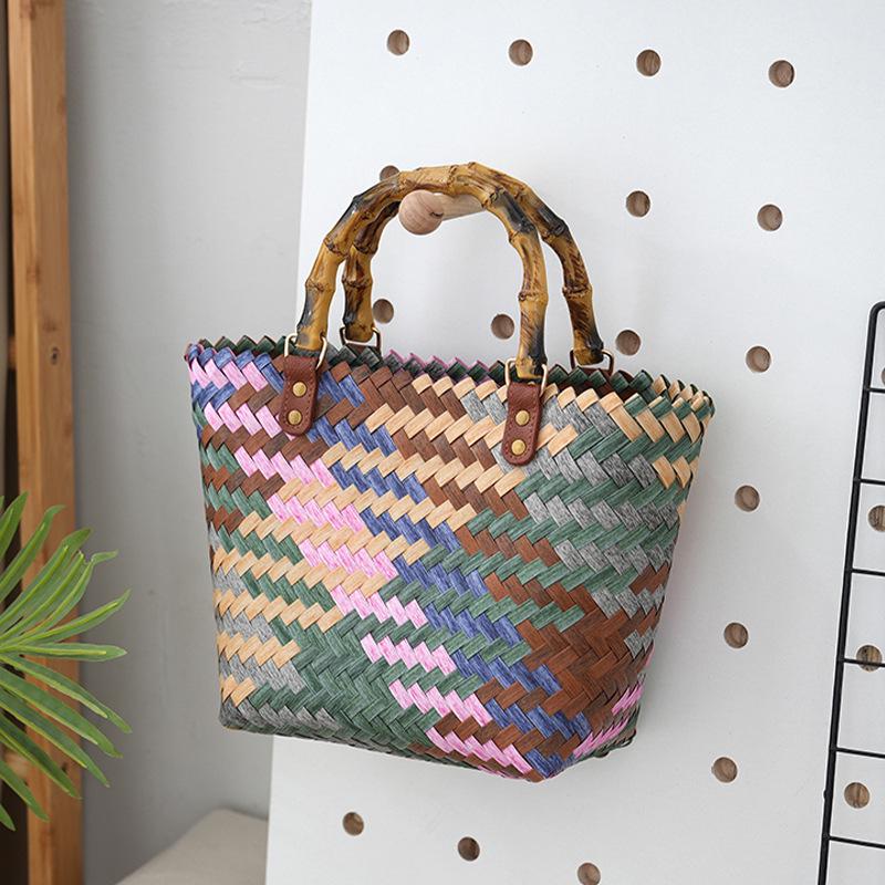 Women's Bamboo Handle Woven Beach Tote Bag