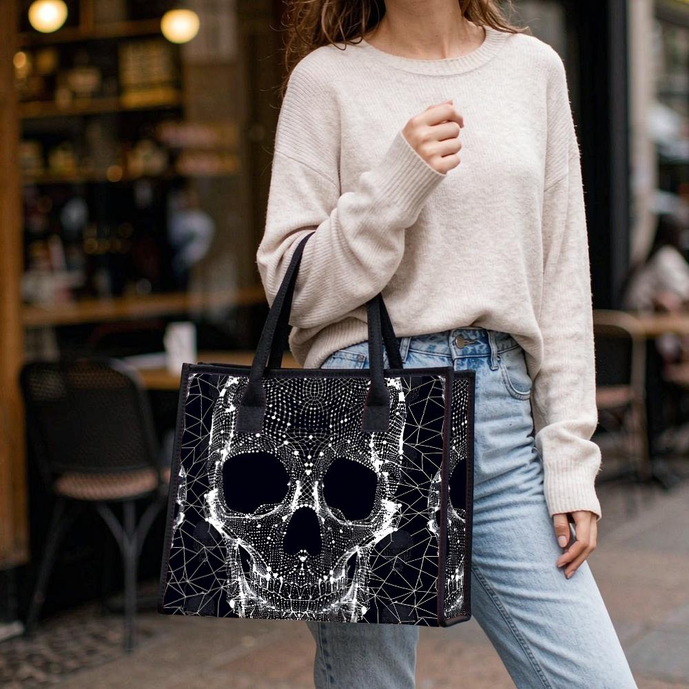 Fashion Skull Pattern Tote Bag Large Capacity Daily Use Casual Portable Top Handle Shoulder Bag for Street Outing