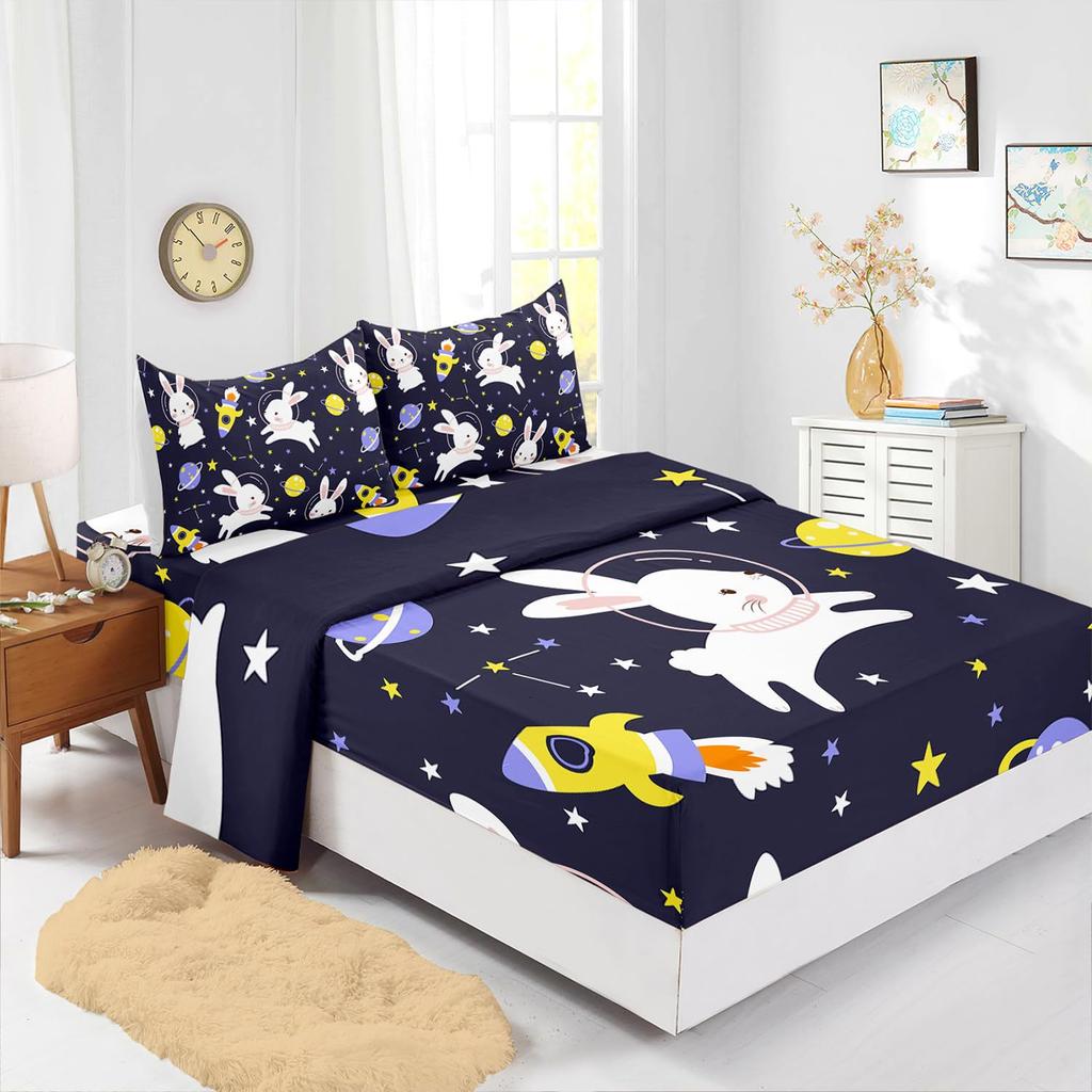 Cartoon Space Bunny Pattern Bed Hat Four-Piece Bedding Set Bedroom Dormitory Bedding Decoration