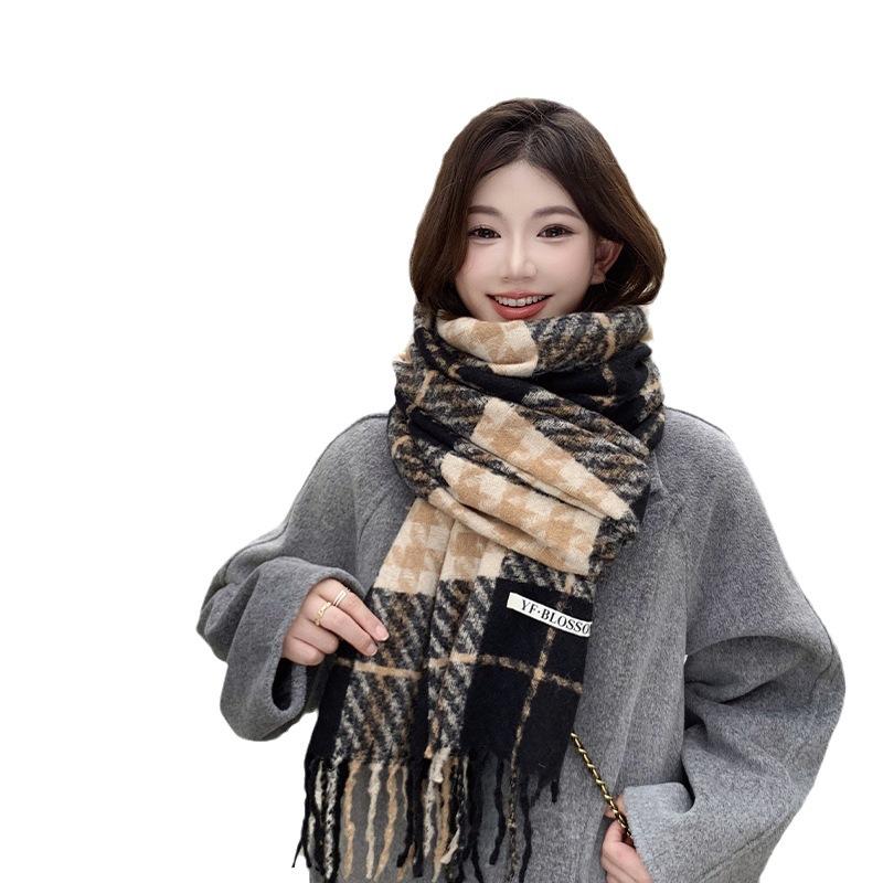 Korean version of premium sense retro long color matching plaid scarf female versatile couple scarf warm thickened shawl student