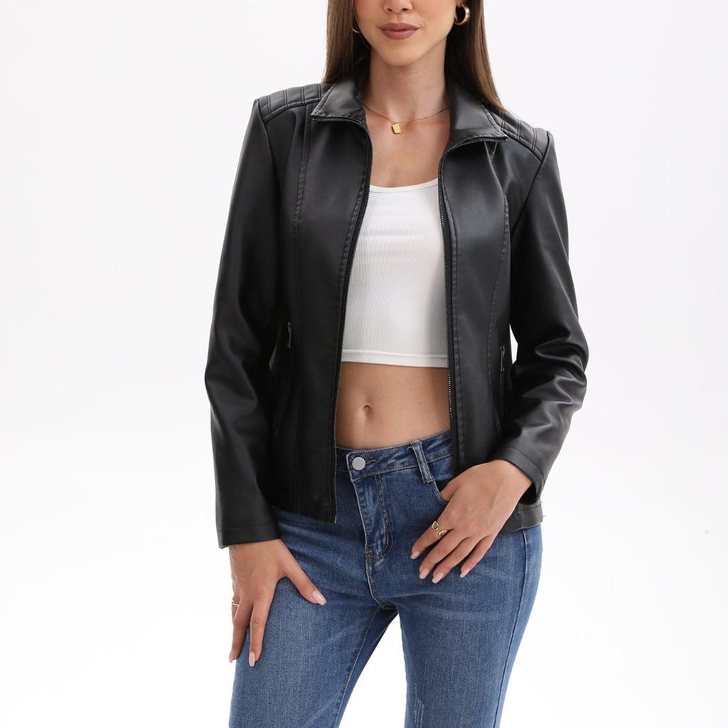 Ladies Fashion Casual Solid Color Outdoor Leather Jacket Short Coat