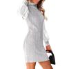 Women's High Neck Ribbed Knit Long Sleeve Bodycon Mini Dress