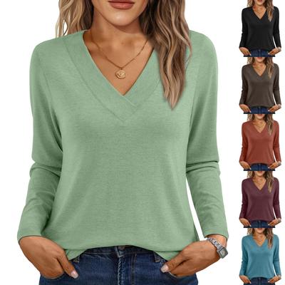 Women's Casual Fashion Brushed Solid Color Long-sleeved V-neck Top T-shirt