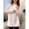 Women's Long Sleeve Patchwork Lace Layer Round Neck Top - White, Mid-Length, Solid Color for Spring/Autumn