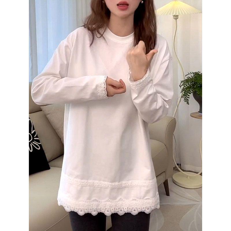 Women's Long Sleeve Patchwork Lace Layer Round Neck Top - White, Mid-Length, Solid Color for Spring/Autumn