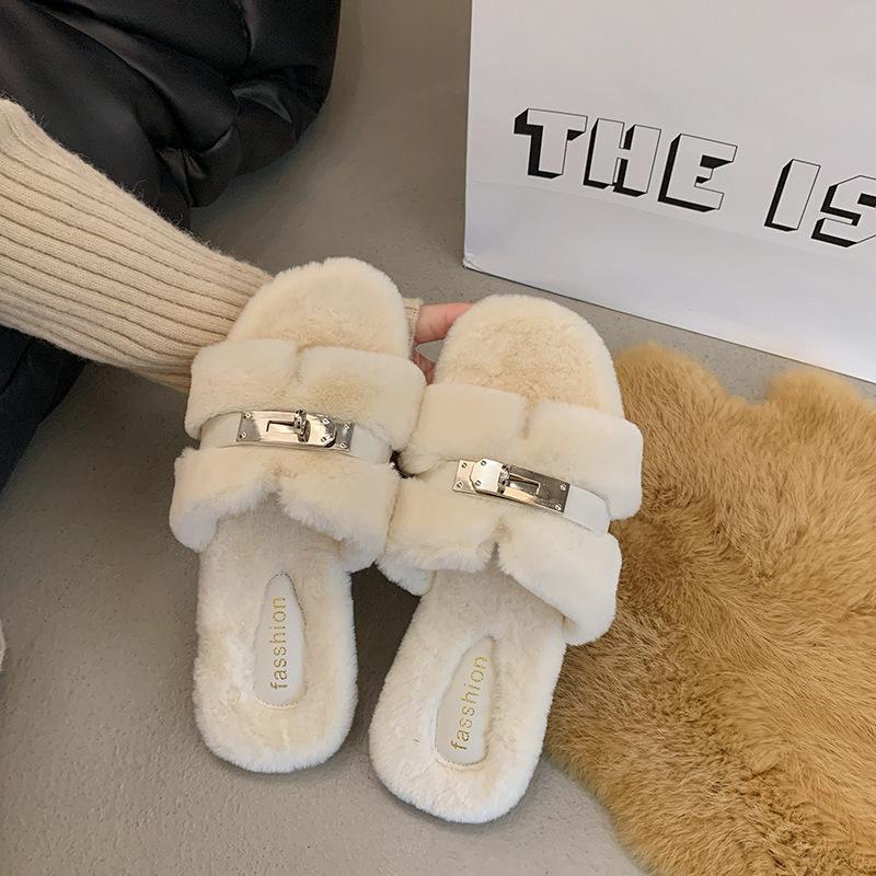 Autumn / Winter New Style Exposed Toe High-end Plush Women's Slippers Outdoor Fashionable Flat Slippers Metal Chain Cotton Shoes