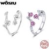 WOSTU 925 Sterling Silver Ruby Blossom Open Ring For Women S925 Silver Shiny Zircon Flower Adjustable Ring Party Jewelry Gift