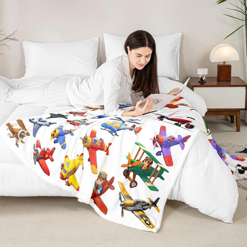 Various Cartoon Aircraft Biplane Jet Helicopter Clean White Background Pattern Flannel Throw Blanket, Warm Cozy Blanket