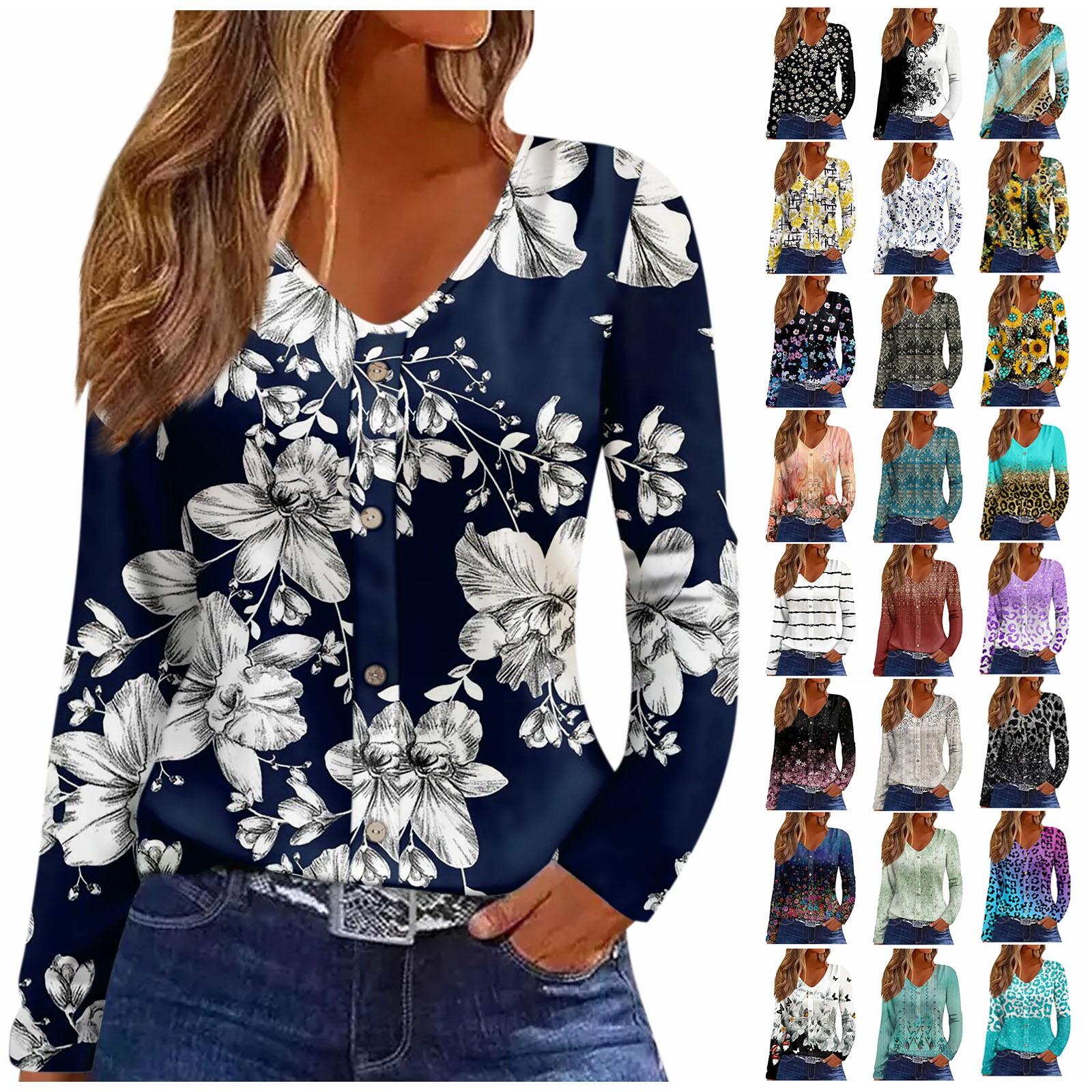 

Женская модная повседневная футболка с v-образным вырезом и длинными рукавами с принтом, топ