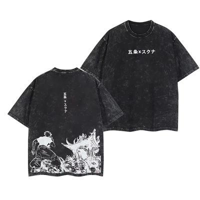 2026 Sommer Neu Jujutsu Kaisen Gojo Satoru Ryomen Sukuna Vintage Acid Wash Oversized T-Shirt, Anime Manga Druck Unisex Lässig