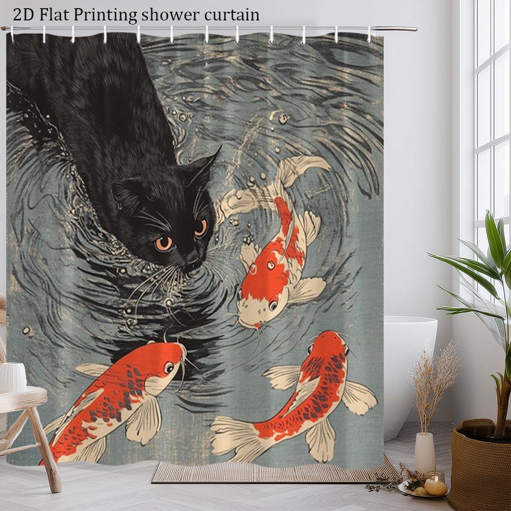Vintage Cat Shower Curtain 180X180Cm – With Koi Fish In Abstract Water Design, Unique Bathroom Decor, 12 Hooks