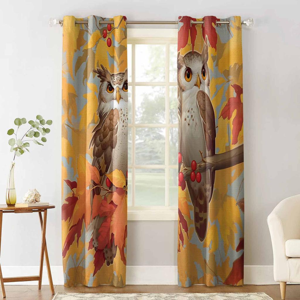 Autumn Yellow Maple Leaves Two Owls Branches Blackout Curtains For Living Room Bedroom Window Treatment Blinds Kitchen Drapes