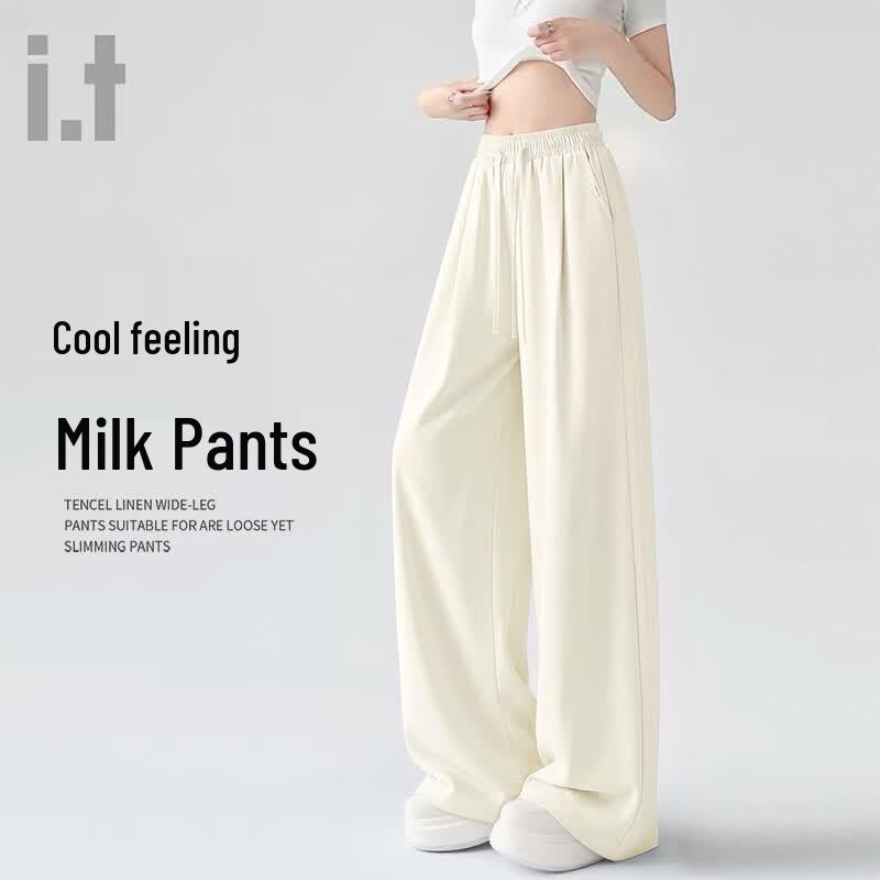 Women s Drawstring Ice Silk Loose Wide-Leg Trousers S