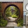 Chinese Style Shower Curtain Vintage Wood Board Garden Building Green Plant Bamboo Pattern Bathroom Decor Curtain Set