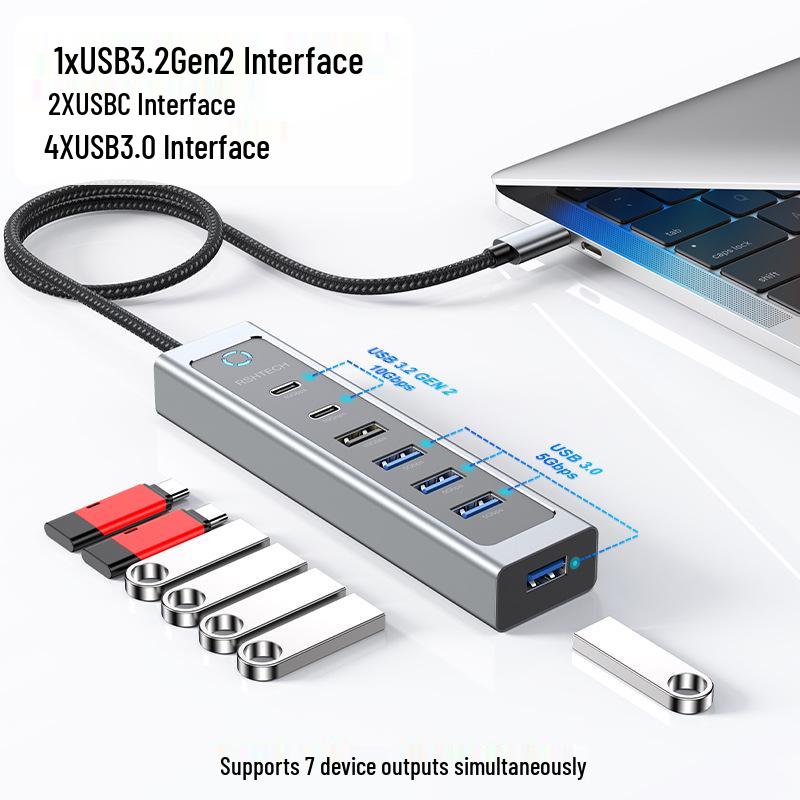USB-C 7-Port Docking Station Splitter: Laptop USB 3.2 Hub 7-in-1 Adapter