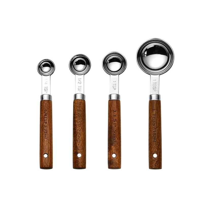 Set of 4 Baking Tool Set Stainless Steel Measuring Cups Measuring Spoons Wood Handle Kitchenwares for Baking Cooking