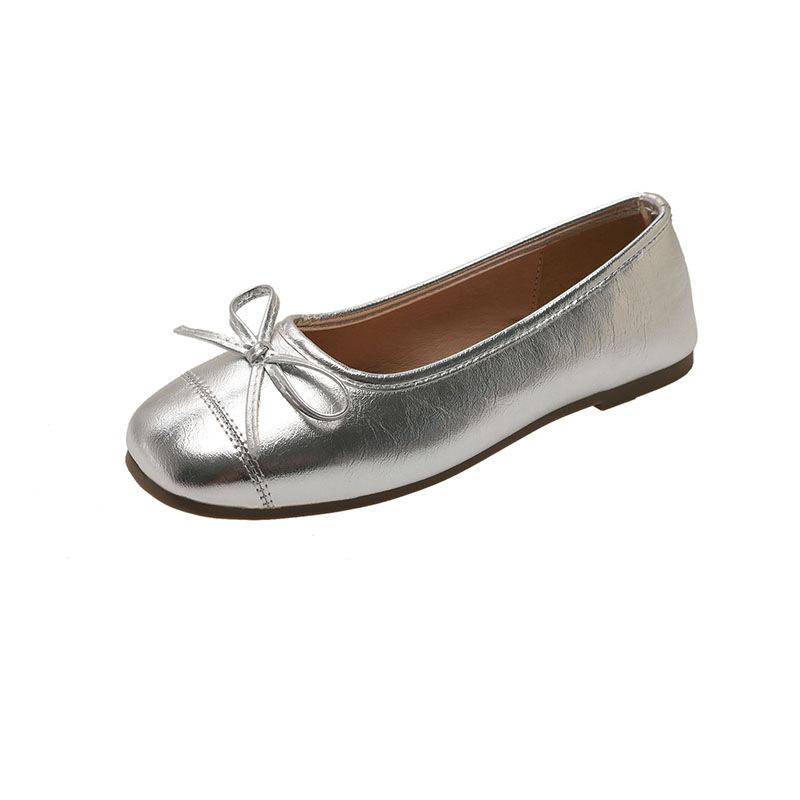 Französische Retro-Silber-Weichsohlen-Einzelschuhe Damenschuhe Sommer Damenschuhe Abend Schleife Ballerinas Goldene Oma-Schuhe