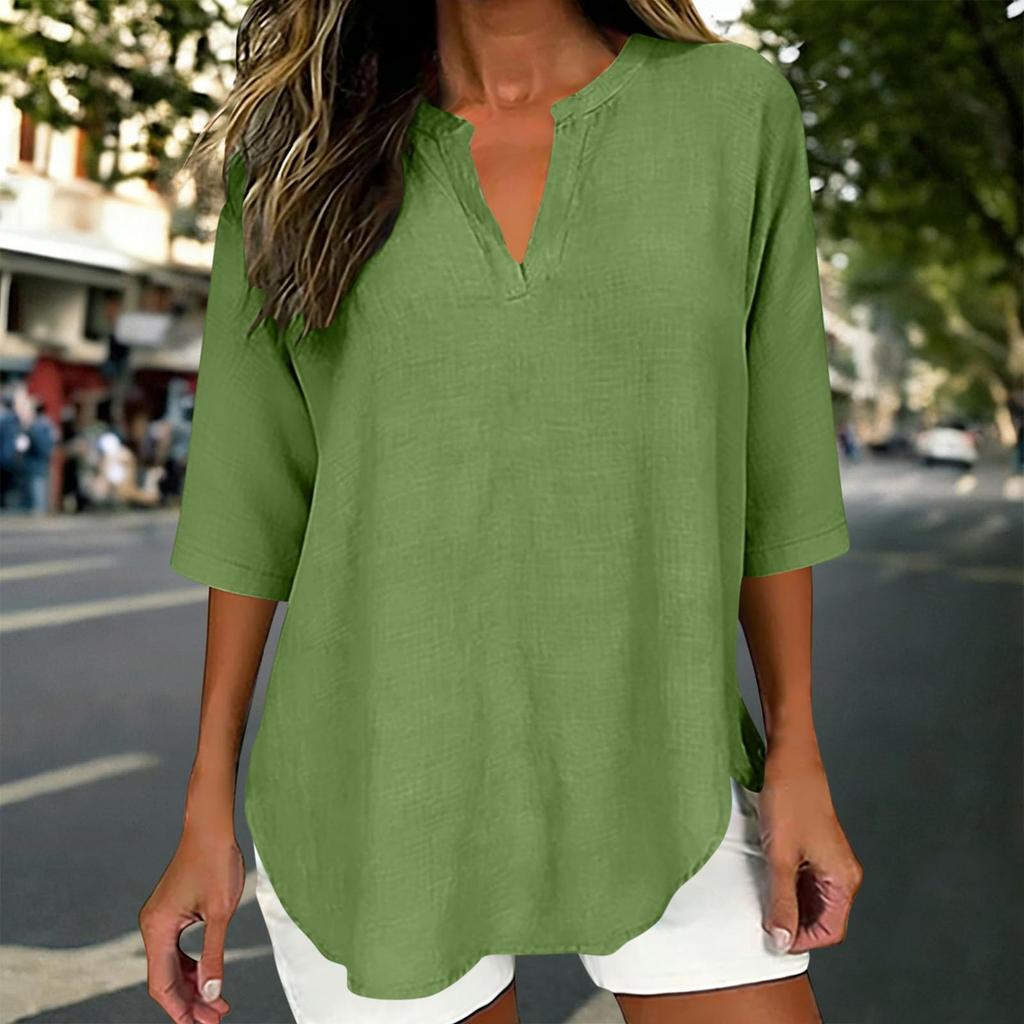 Women's Fashionable Loose-Fit -Color V-Neck Three-Quarter Sleeve Casual Top