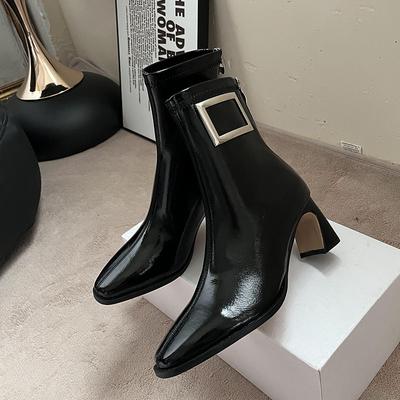 Krótkie buty damskie jesień i zima lakierowana skóra kwadratowa główka wysoki obcas gruby obcas cienkie buty kwadratowa klamra elastyczne średnie buty