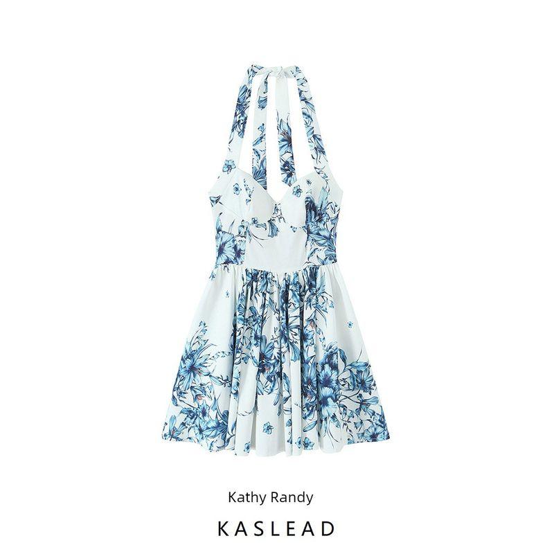 Kaslead New Arrival Women's Clothing Fashion Style Fashion Minimalist Flower Print Hanging Collar Dress 0085131