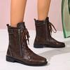 Fashion Lace-Up Front Block Heel Single Boots Women's Fashion Round Toe Spliced Soft Sole Anti-Slip Wear-Resistant Short Shoe