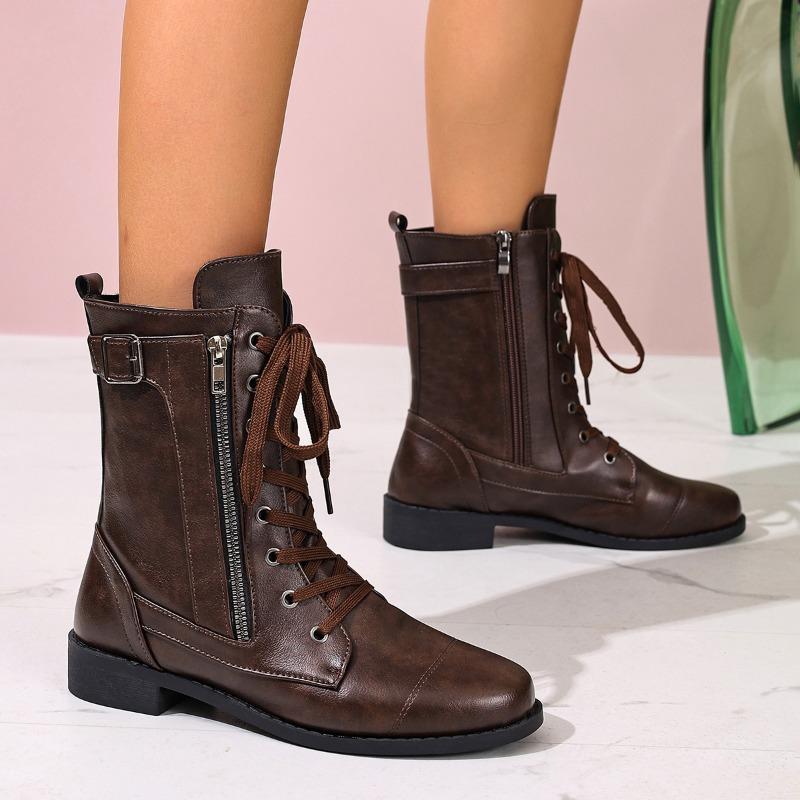 Fashion Lace-Up Front Block Heel Single Boots Women's Fashion Round Toe Spliced Soft Sole Anti-Slip Wear-Resistant Short Shoe