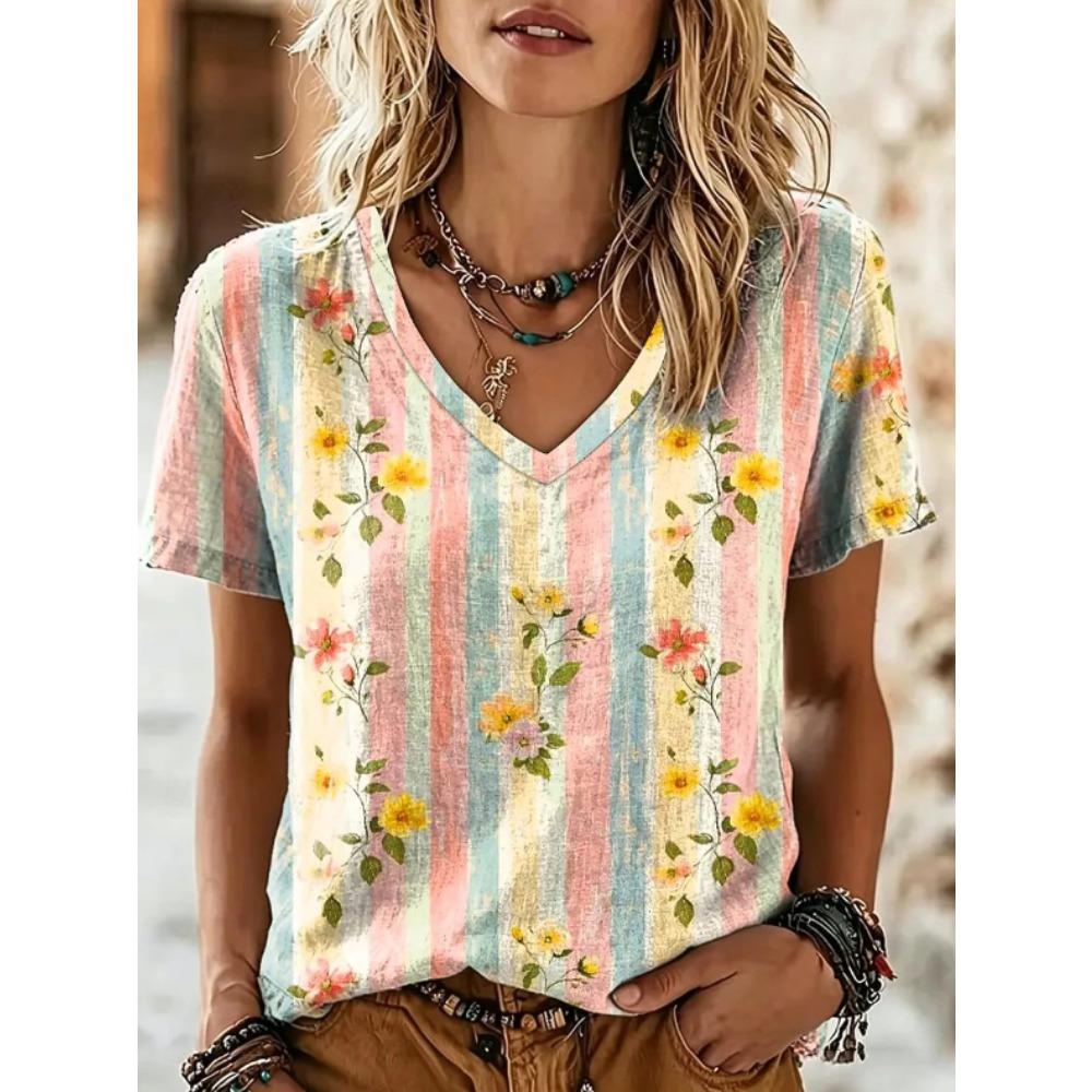 Women Summer T Shirt Floral Pattern Print Short Sleeve Tees Casual Printed Tops XS жёлтый