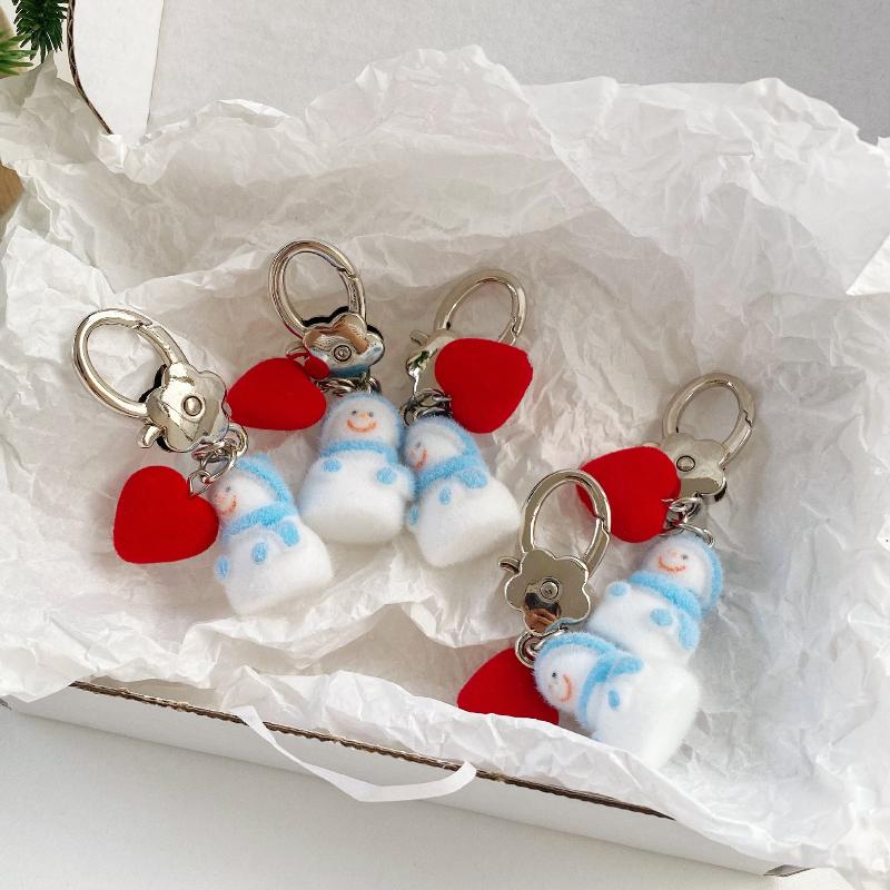 Charms Cute Plush Flocking Love Snowman Christmas Keychain Ins Style Snowman Mobile Phone Rope Pendant Ornament Bag Decoration