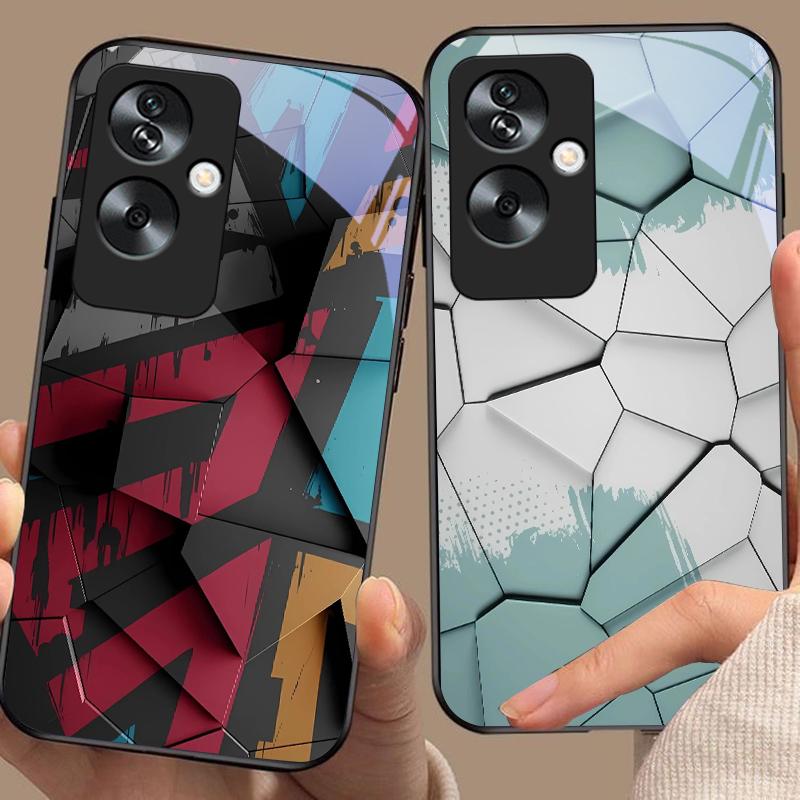 Geometric Pattern For Oppo A79 5G 58 78 74 60 4G Reno 11F Realme GT 6 11 Note 50 10 C55 X2 Tempered Glass Black Phone Case