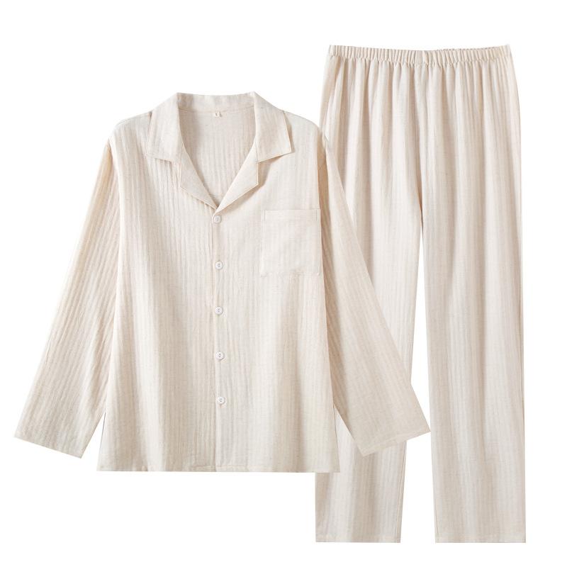 Reine Baumwolle und Leinen Revers Pyjama-Set Herren Vier-Jahreszeiten Dünn Langarm Hose Baumwolle Doppellagige Gaze Papa Loungewear