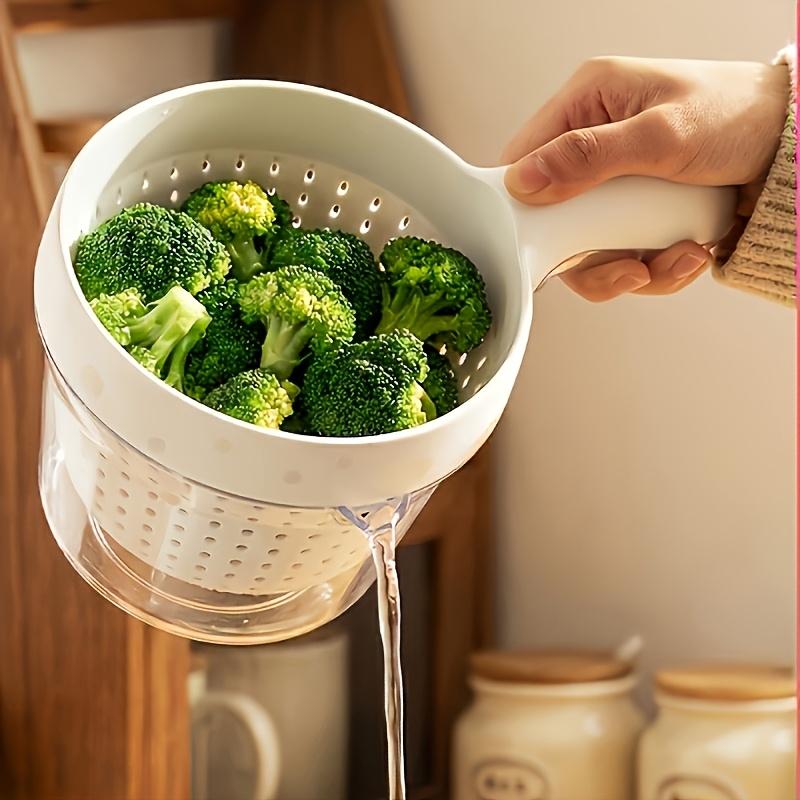 1pc Handheld Kitchen Colander, Double-Layer Fruit Washing Basket, Hanging Plastic Vegetable Washing Bowl, Colander Spoon, Creative Fruit Basket