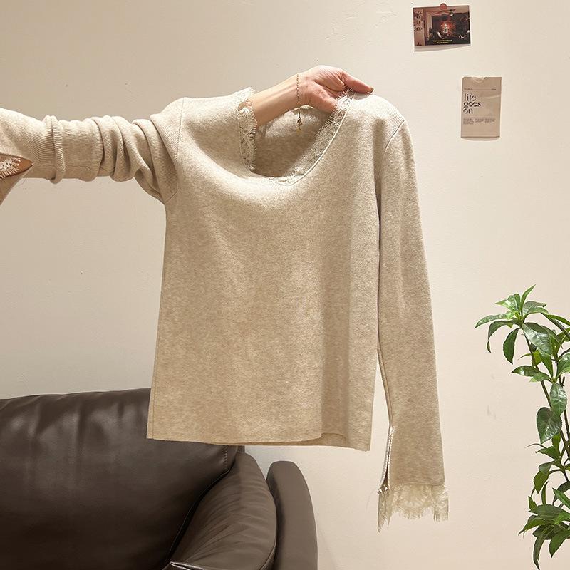 Atmospheric Lace Splicing Autumn and Winter V-neck Long-sleeved Knitted Bottoming Shirt Women's Inner Sweater