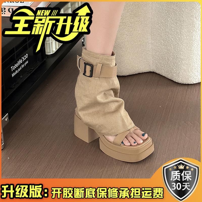 Fashion Versatile Two Wear Open-toed High-heeled Cool Boots, Wear 2025 Spring New Sandals Thick-heeled Thick-soled Trousers, Boots Tide