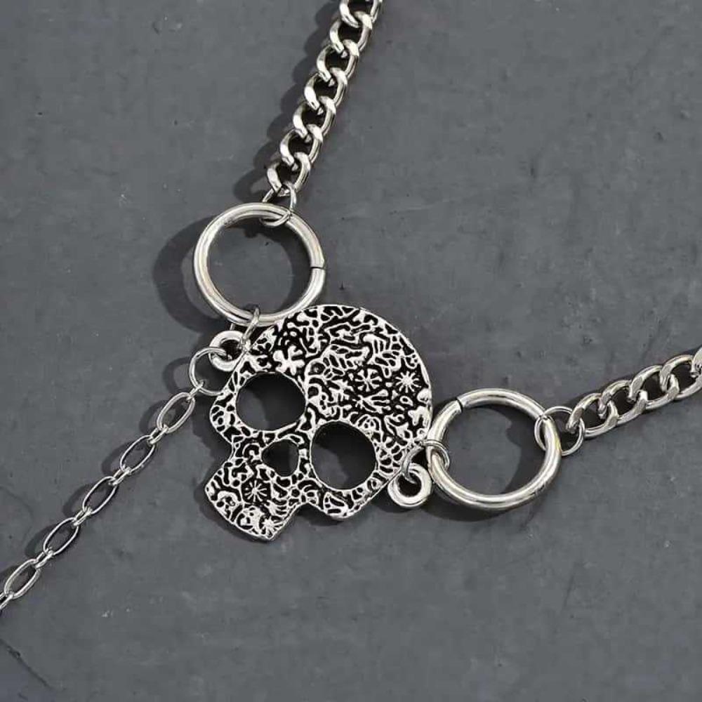 Personality Retro Sliver Color Skull Symbol Tassel Pendant Double-ring Hollowed-out Skull Face Collar Necklace for Women Jewelry