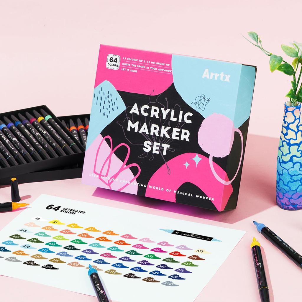 Arrtx Acrylic Paint 64 Acrylic Paint Pens for Rock Card DIY and Calligraphy Markers, Colors, Dual-Tip Painting, Wood, Ceramic, Fabric, Glass, Canvas,