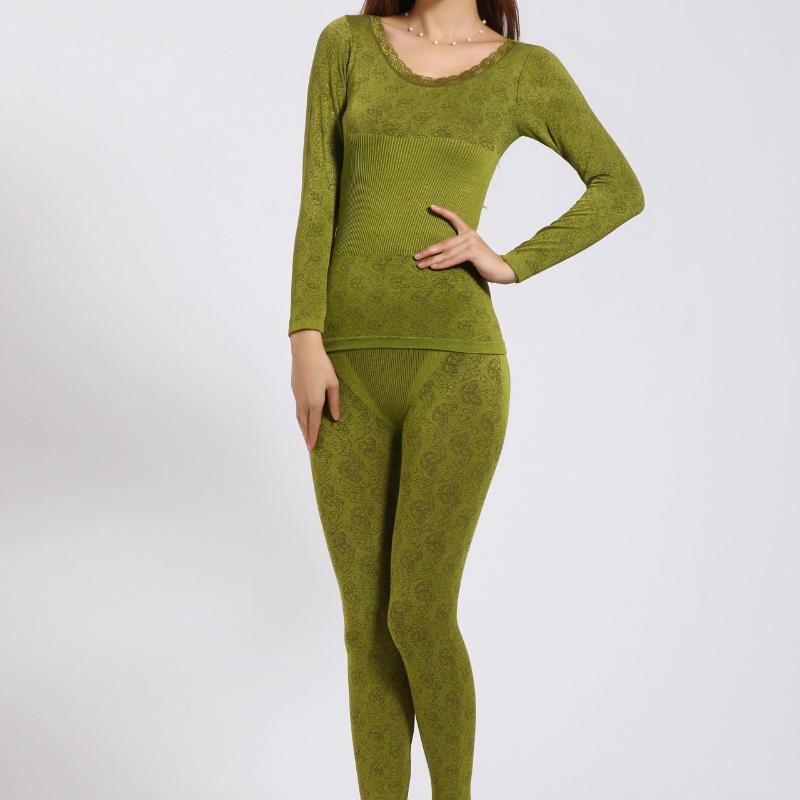

2 шт. Жіночий зимовий топ з круглим вирізом, довгі штани Термобілизна Shaper Sleepwear Set one size зелений