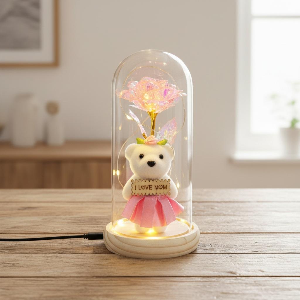 Mother's Day Gift Gold Foil Rose Immortal Flower Bear Glass Cover Ornament Valentine's Day Gift Night Light