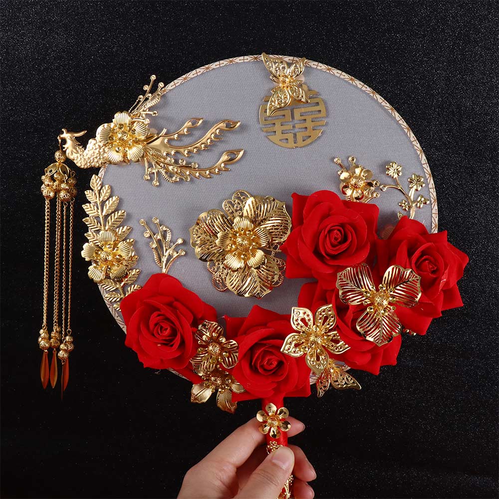 Vintage Decoration Prop For Bride Gold Red Bridesmaid Decor Craft Bouquet Photography Ornaments Fan