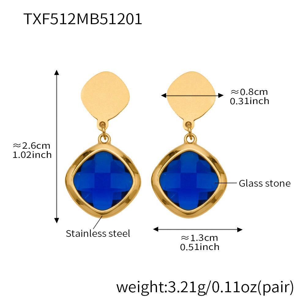 Stylish European & American Stainless Steel Jewelry Set with Square Faceted Glass Stones: Includes Bracelet, Necklace, and Earrings