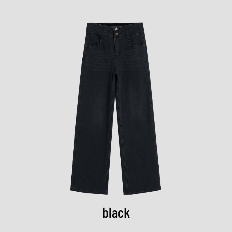 Classic Retro High-Waist Distressed Denim Jeans for Women - Autumn/Winter 2025, Plus Velvet, Straight Leg, Washed Cotton L
