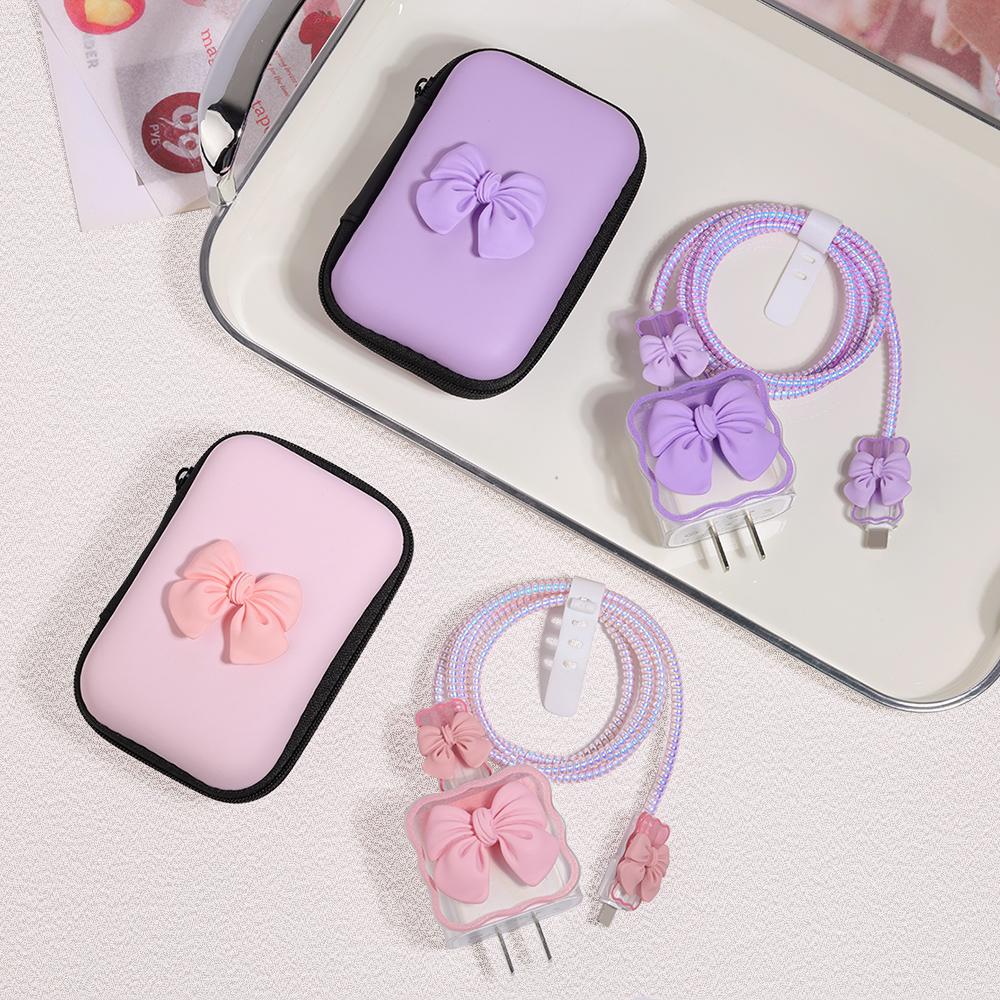 Korea Cute 3D Love Heart+EVA Storage Bag Set Charger Cover For iPhone 11 12 13 14 15 16 Pro Max 18W-20W Charge Protection Sleeve