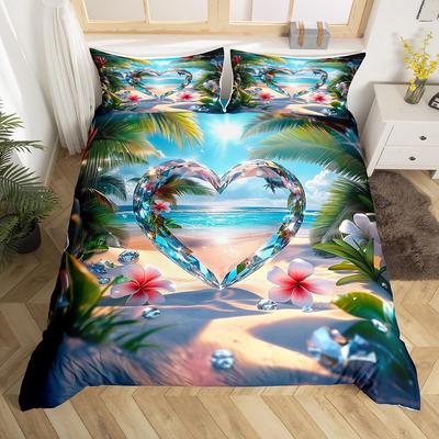 Ocean Beach Duvet Cover Set Twin Queen Tropical Palm Leaf Flower Bedding Set 2/3Pcs,Summer Beach Theme Quilt Cover For Boys Girl