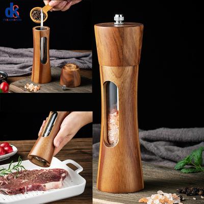 Wooden Salt and Pepper Grinders Acrylic Transparent Manual Sea Salt Mills for Seasoning Meal Prep Cooking Dining Kitchen Tool