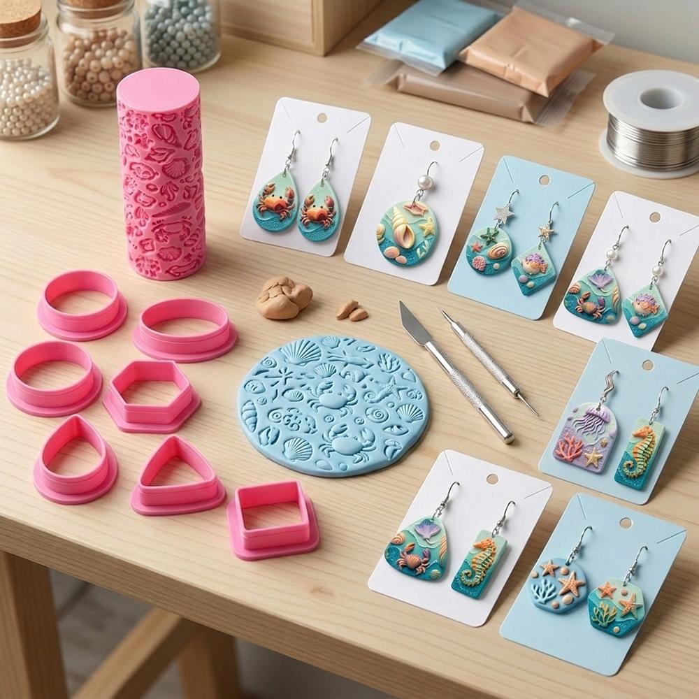 9Pcs Marine Life Summer Ocean Polymer Clay Texture Roller Geometric Polymer Clay Cutters Set Earring Jewelry Making Crafts Tools