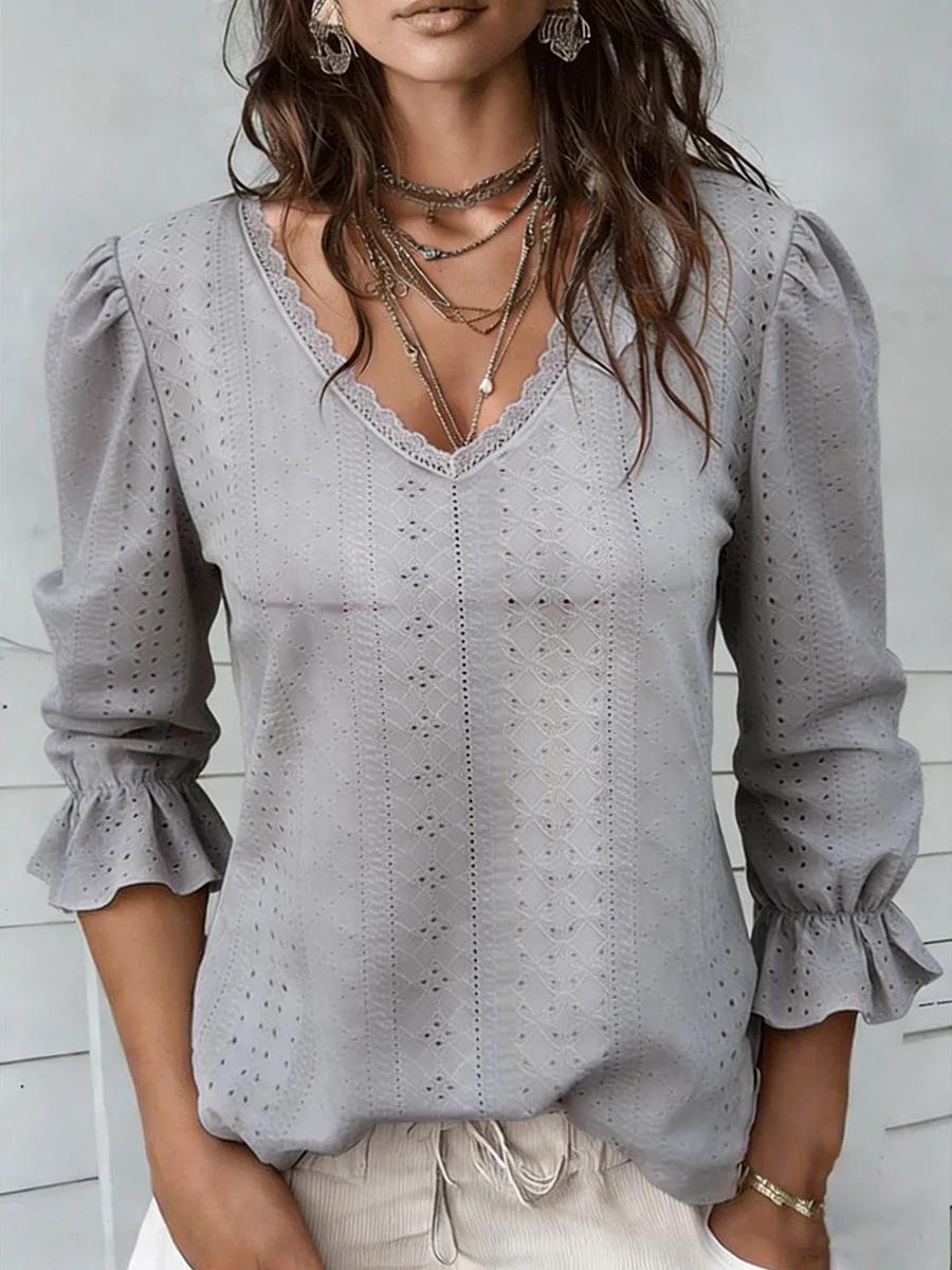

2026 Spring Women s V-neck Hollow Casual Mid-sleeve Top Shirt 3XL сірий колір