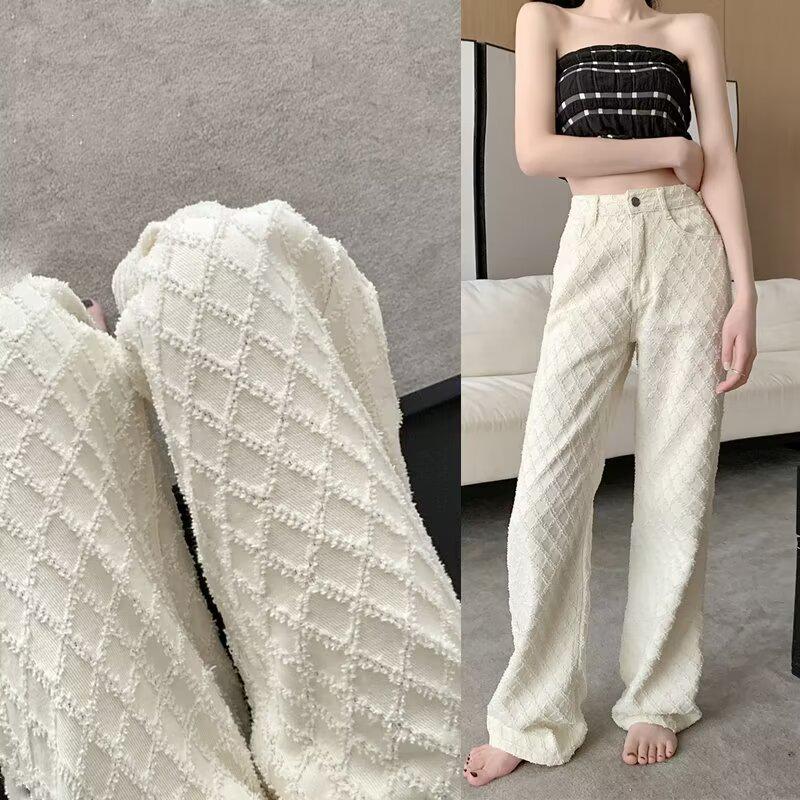 

2024 Women s Thin Jacquard Apricot Wide-Leg Jeans: Slim Straight Spring, Summer, and Autumn Fit S абрикосовий