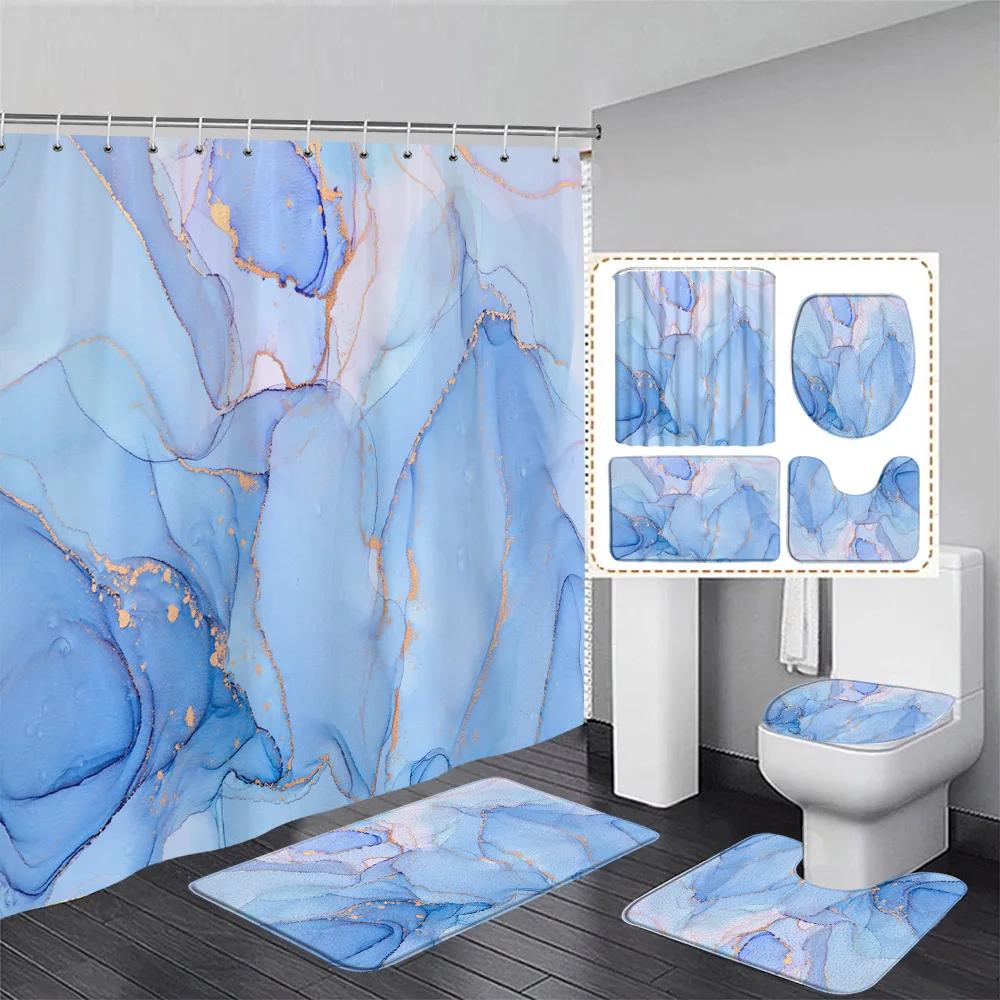 Marble Shower Curtain Set Creative Watercolor Ink Art Geometric Modern Bathroom Decor Floor Rug Bath Mats Toilet Lid Cover