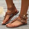 2025 Women's Summer New Vintage Solid Color Flat Sandals Fashion Leather Non-slip Outdoor Flip-flops Beach Roman Shoes Size 43