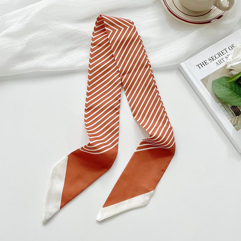 Striped long silk scarf, high-end sense fashion commuting versatile professional small scarf decoration hair tie bag streamer